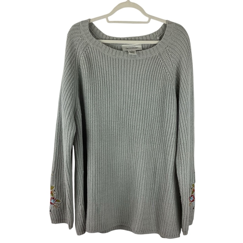 Denim Moves Grey Sweater with Embroidered Sleeve Details